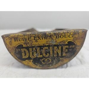 Dulcine Antique French Tin Oil Scoop Container Brown Yellow Fair Rustic Litho